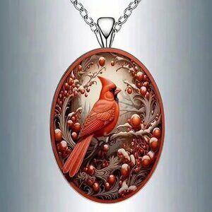 Silver Oval Shaped CARDINAL Pendant Necklace